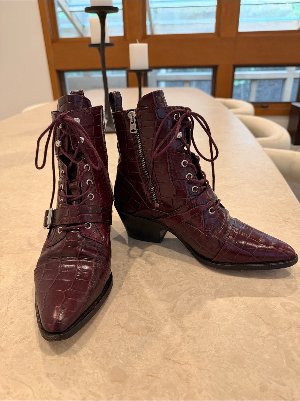 All Saints Burgundy Croc-Embossed Lace-Up Ankle Boots